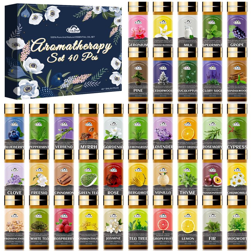 Essential Oil Set, 40 Pcs Fragrance Aromatherapy Oils for Skin, Diffusers, Home Care, Humidifier, Laundry, Candle Making - Tea Tree, Sandalwood, Lavender, Vanilla, Eucalyptus and More(5mL)