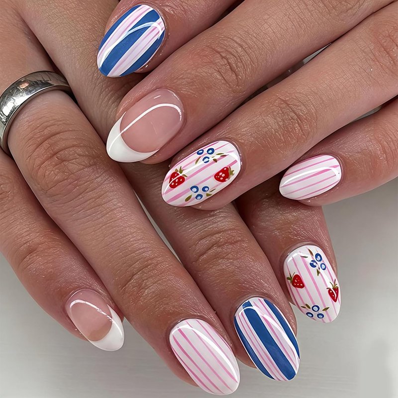 Blueberry Medium Oval Press-On Nails - Summer White French Tip with Striped Designs | 24 Pcs Reusable Full Cover Set