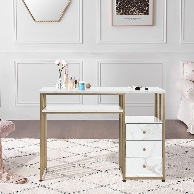 BarberPub Manicure Table - Elegant Golden & Marbling Nail Desk with Storage Drawers | Home Salon Spa Equipment
