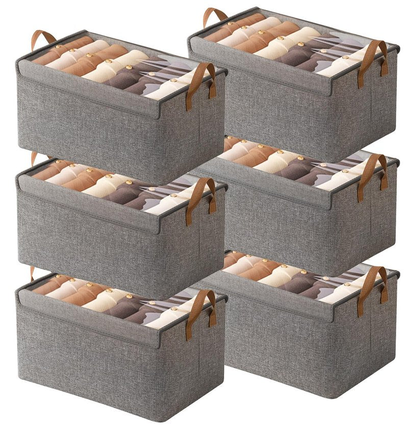 AARAINBOW Closet Clothes Organizer Bins 6 Pc, Fabric Box Storage Shelf Bins Stackable, Foldable Closet Shelf Storage Container with Lid, Fabric Storage Bin with Steel Frame, 23L (6 Gray with Lid)