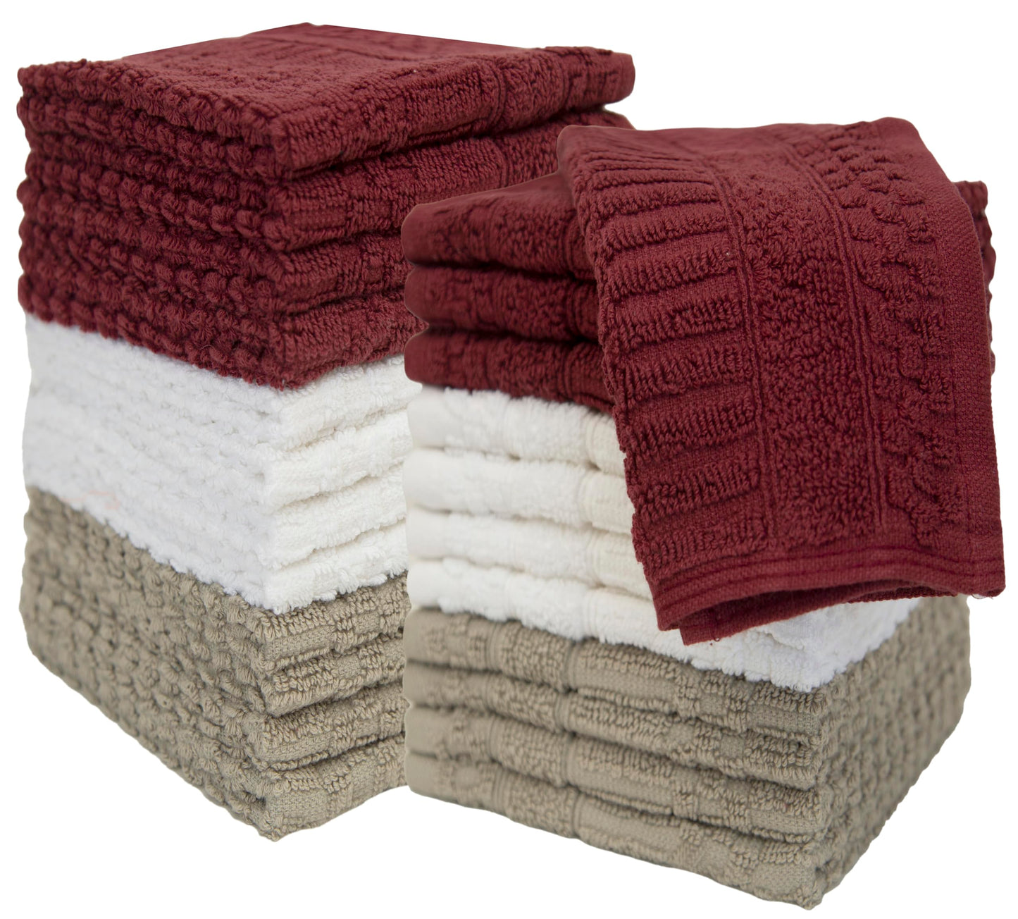 PH Pleasant Home Diamond Wash Cloths Set - 12 Pack (12” x 12”) – 509 GSM - 100% Ring Spun Cotton Wash Cloth - Super Soft and Highly Absorbent Face Towels (Maroon, White & Tan)
