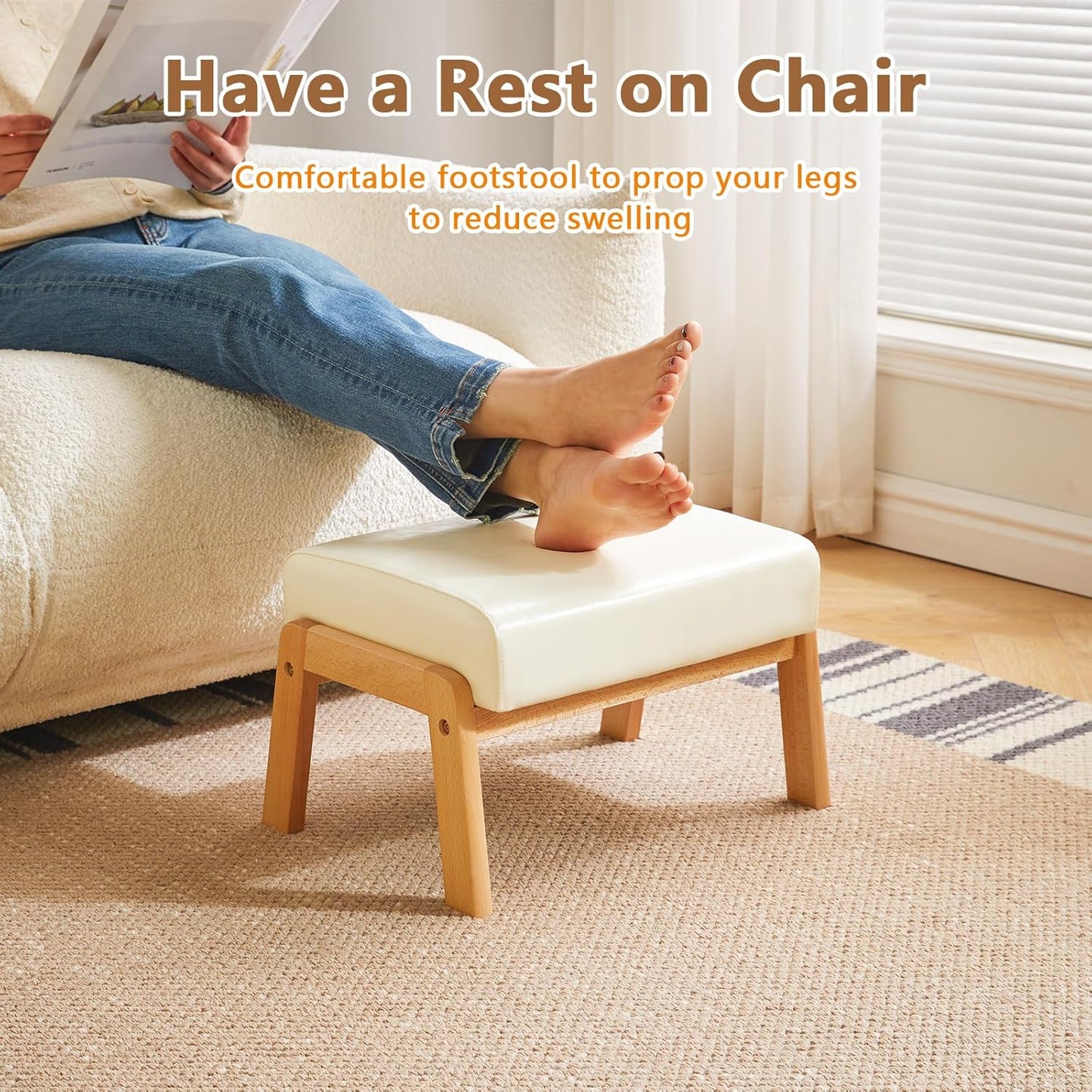 Small Foot Stool Ottoman - 10.2” Rectangle PU Faux Leather Foot Rest with Padded Seat & Wood Legs | Modern Accent for Living Room & Office, White