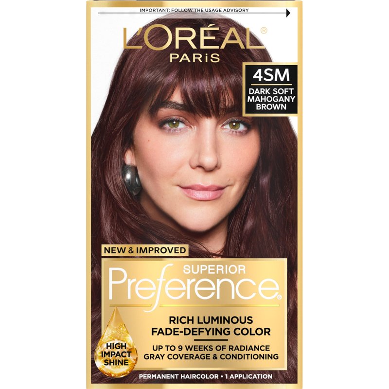 L'Oreal Paris Superior Preference Luminous Fade-Defying Permanent Hair Color, Hair Dye For Up to 9 Weeks of Radiance, Dark Soft Mahogany Brown 4SM, 1 Hair Dye Kit