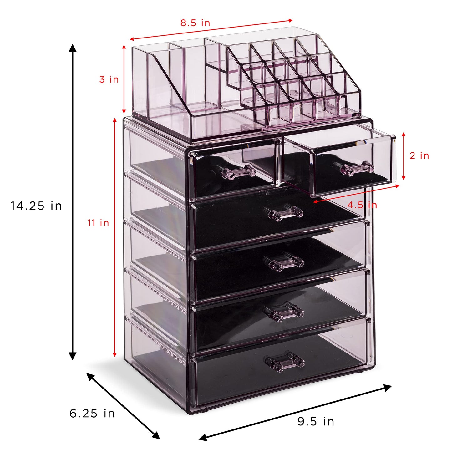 Sorbus Acrylic Makeup Organizer Set, 6-Drawer Vanity & Countertop Cosmetic Storage with Small & Wide Compartments, Purple Makeup Storage for Brushes, Jewelry – Holiday Gift for Women & Teens