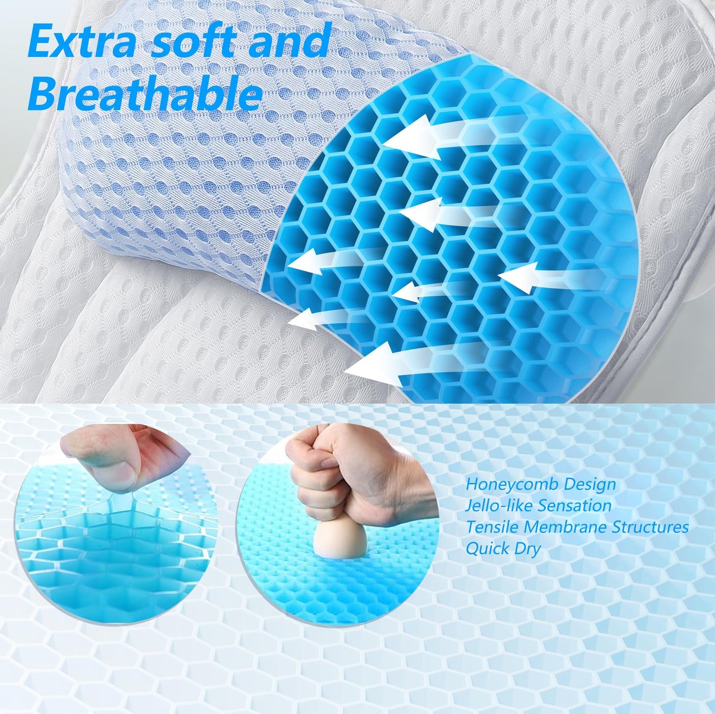 Bath Pillow for Tub, Luxury Bathtub Pillows with Head, Neck and Back Support, Bath Tub Pillow with Soft 4D Breathable Air Mesh Fabric and Non-Slip Suction Cups, Relaxing Bath Tub Accessories, White