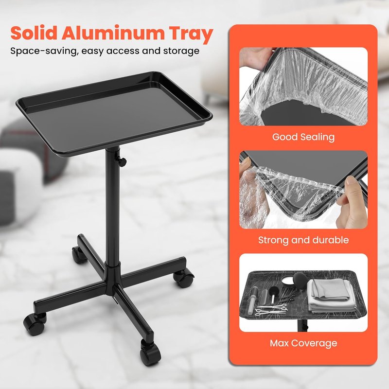 Adjustable Height Rolling Salon Tray - Mobile Trolley with 2 Magnetic Bowls & 10 Disposable Covers | 24-36 Inch, Black