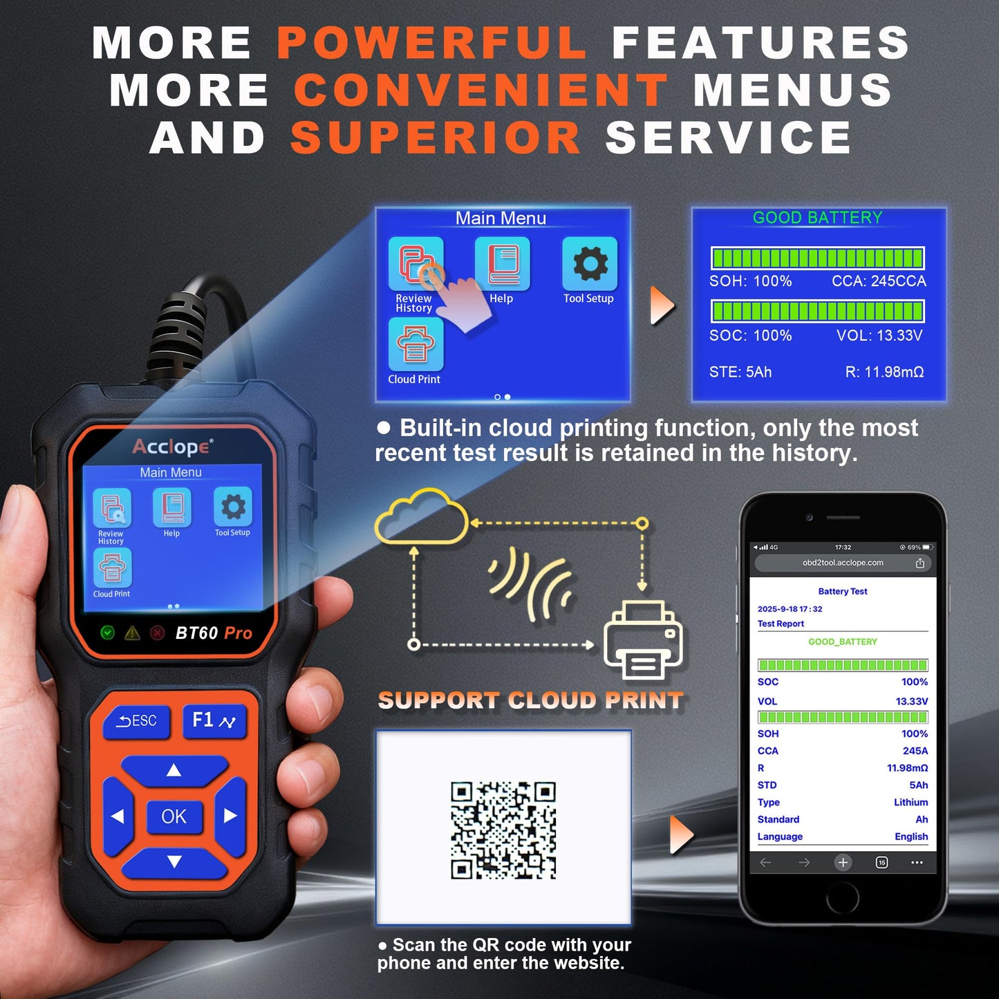 Acclope BT60 PRO Car Battery Tester 6V/12V/24V, 2-120Ah, 100-3000 CCA, Alternator & Starter/Charging System Analyzer, Automotive Load Test, QR Cloud Report (No App), for Car Truck Motorcycle Marine/RV