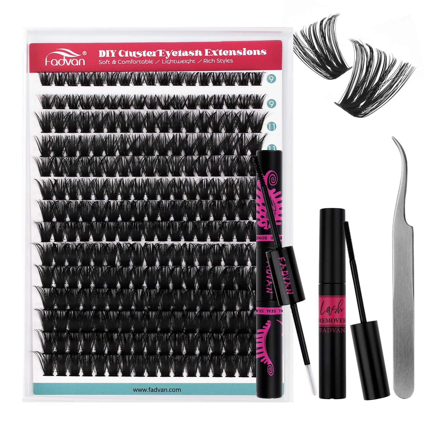 Wispy Lash Extension Kit 238Pcs Lash Clusters Kit Eyelash Extensions 9-16MM Individual Lashes Extensions with Bond and Seal Remover Tweezers DIY at Home by FADVAN (80D, 0.07D, 9-16mm)