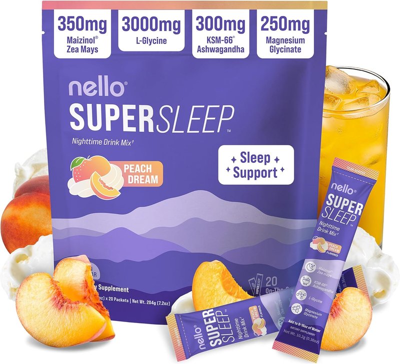 Nello Supersleep Nighttime Sleep Support Drink Mix - Ashwagandha & Magnesium Glycinate | Peach Dream (Pack of 20)