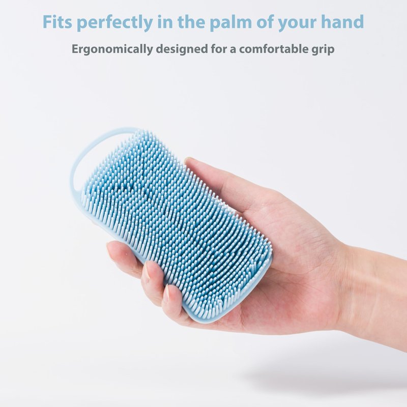 2 PC Silicone Body Scrubber, 2 in 1 Exfoliating Shower Bath Scrubber, Soft Silicone Loofah for Sensitive Skin, Shower Hair Scalp Massager, Easy to Clean, Lather Well (Grey&Blue)