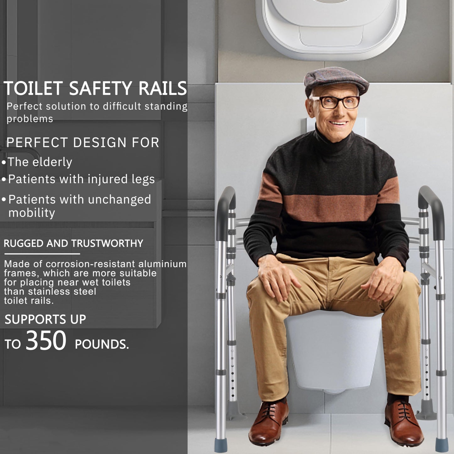 Lianjindun Toilet Safety Rails (350 lb), Adjustable Toilet Frame for Elderly, Seniors, Handicap & Disabled, Foldable Handicap Toilet Handles Fit Any Toilets (Gray)