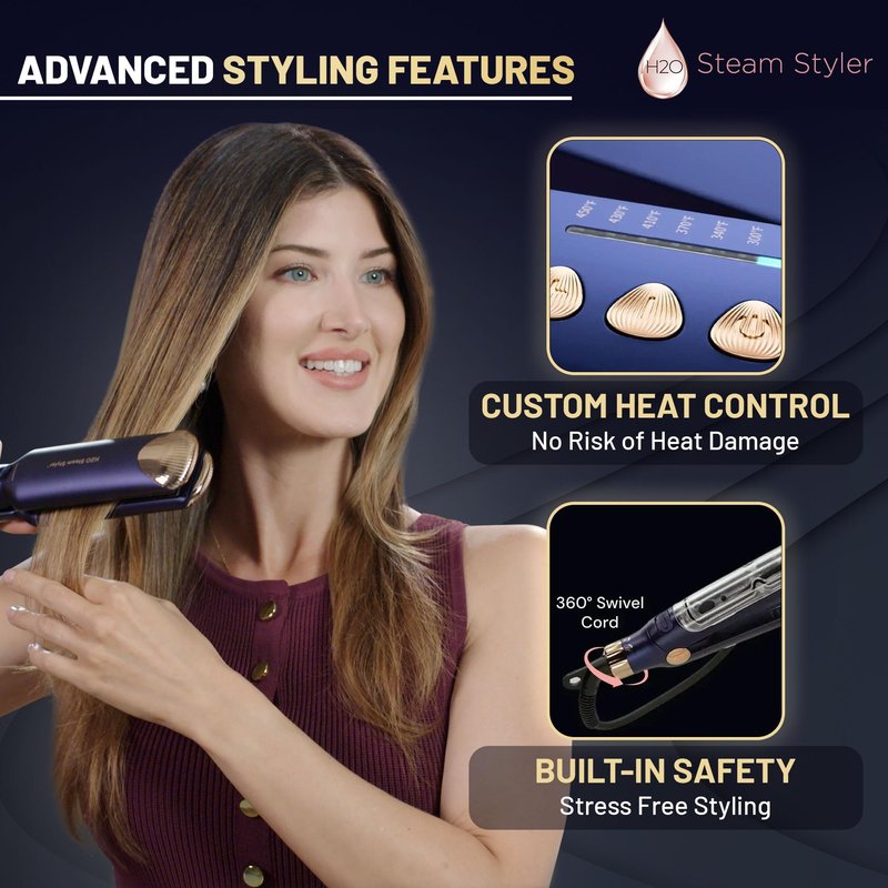 H2O Steam Styler Ultimate Steam Hair Straightener & Curler, Salon Results Frizz Control, Shine & Hydration, Infrared Heat & Ion Therapy for All Hair Types (Slim - 1.2")