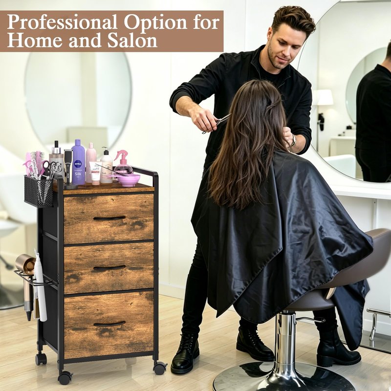 Salon Station for Hair Stylist, Rolling Salon Trolley Cart with Wheels, Beauty Barber Station with Metal Tool Holder & 3 Fabric Drawer, Mobile Storage Cabinet for Barbershop, Spa&Tattoo, Rustic Brown