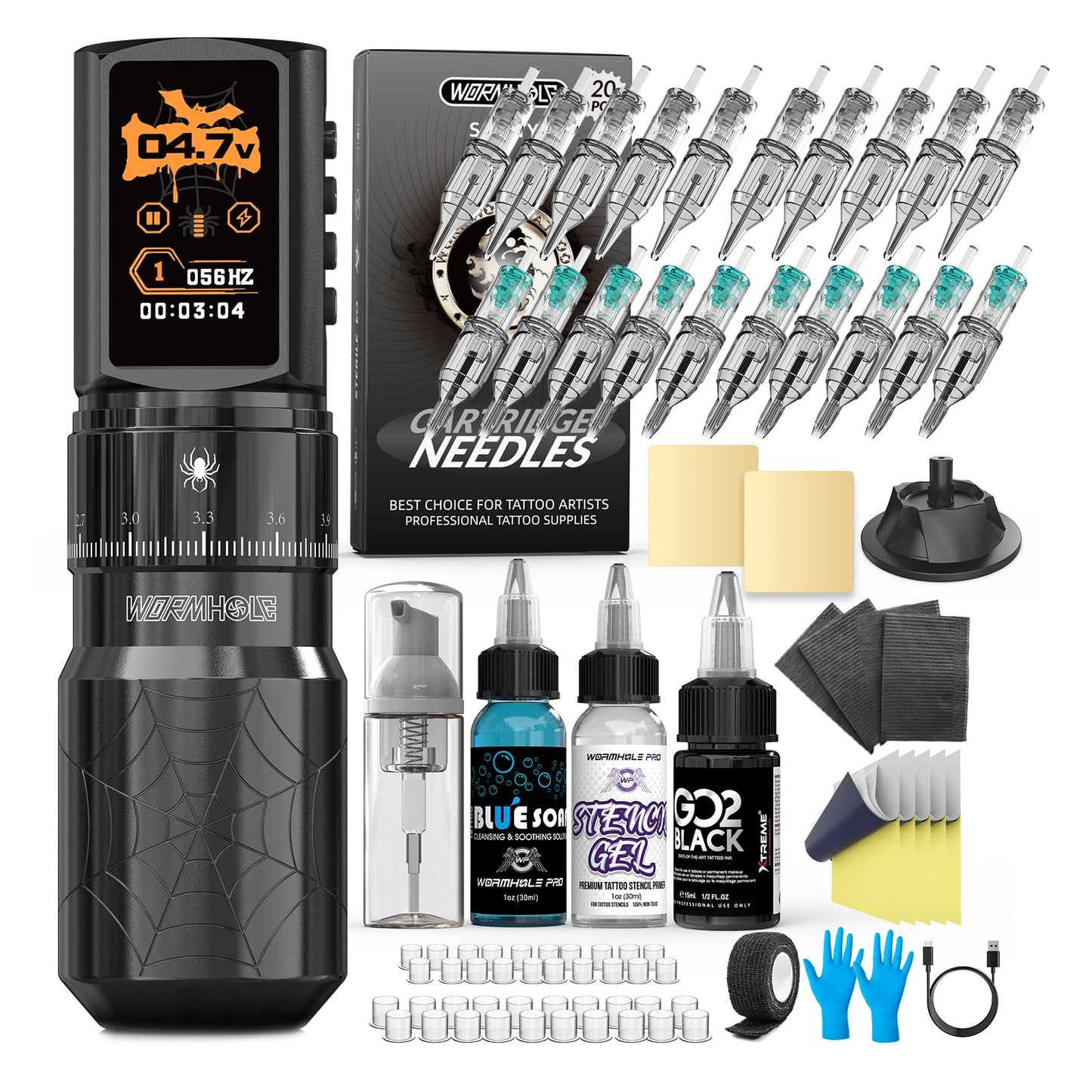 Wormhole 2,300mAh Battery Wireless Tattoo Kit Tattoo Gun Kit with 7 Adjustable Stroke Tattoo Machine with Normal/Jump-Start/Dot Working Mode with LED Digital Display for Artist WTK0257