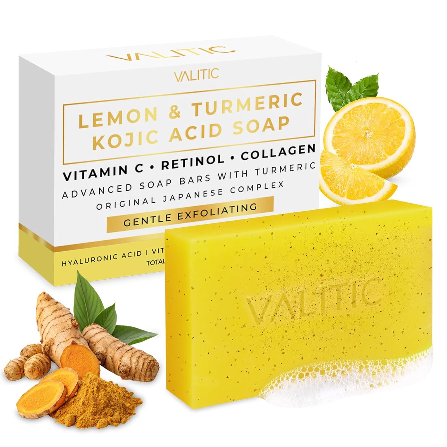 VALITIC Lemon Turmeric Soap - Brightening Kojic Acid Exfoliating Bar for Dark Spots | 1 Pack with Retinol, Vitamin C, Collagen & Hyaluronic Acid