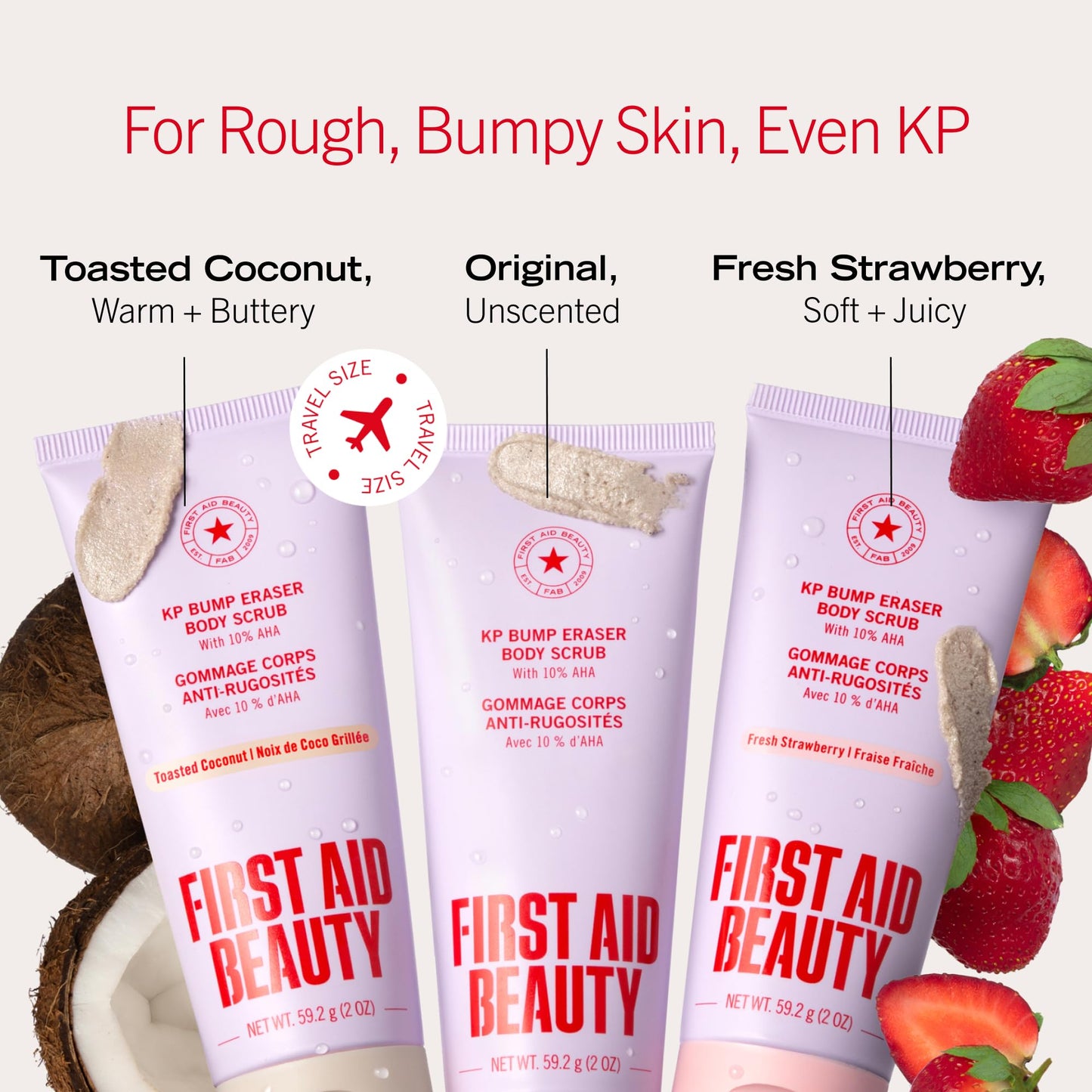 First Aid Beauty KP Bump Eraser Body Scrub Trio, 10% AHA Keratosis Pilaris Exfoliator Set – Original, Strawberry & Peach Scents, Travel Size 2 oz Each (3-Piece)
