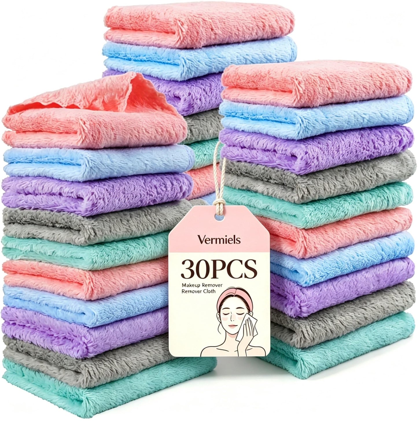 Vermiels Makeup Remover Cloths 30 Pack, Soft Premium Coral Velvet Facial Cleansing Towels 7x7 Inch, Microfiber Reusable Washcloths for Face, Eye, LipsTowels Facial Cleansing Cloths for Women