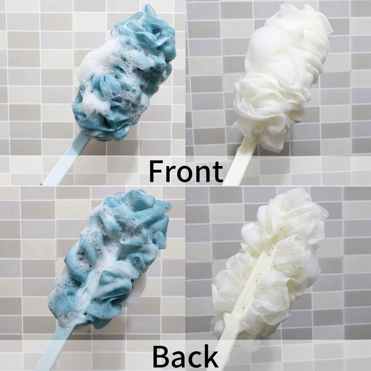 2Pack Back Scrubber for Shower, Loofah with Handle, Back Loofah Non-Slip Handle, Bath Body Brush, Scrub Cleaning Brush for Shower, Soft Mesh Sponge On a Stick for Men Women Elderly (Blue and White)