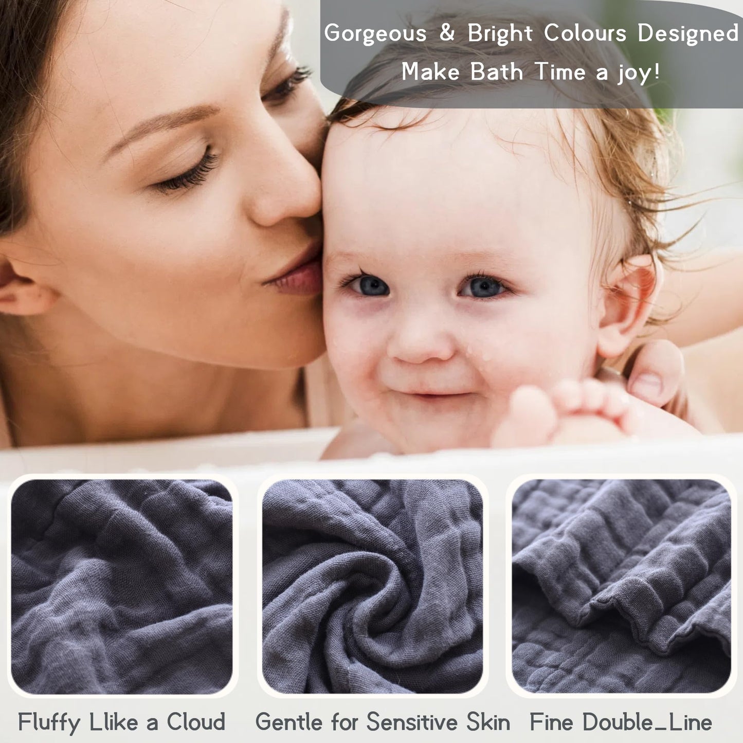 MUKIN Small Baby Washcloths, Soft Face Cloths, Newborn Absorbent Bath Wipes, Burp Cloths or Muslin Cotton Towels, Pack of 6, 12x12 inches (White,Dark Gray,Royal Blue)