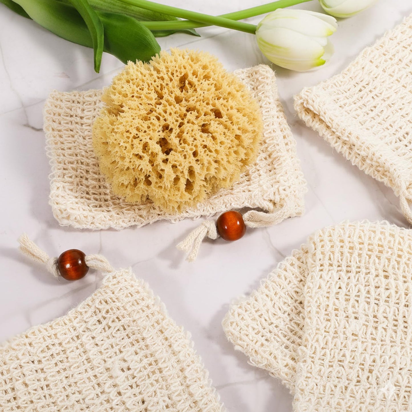 Oqqlin 50 Pcs Soap Saver Bag, 5.5 × 3.5 Inch Natural Cotton Linen Soap Pouch Mesh Exfoliating Hand Made Soaps Savers with Drawstring for Bath, Shower, Massaging