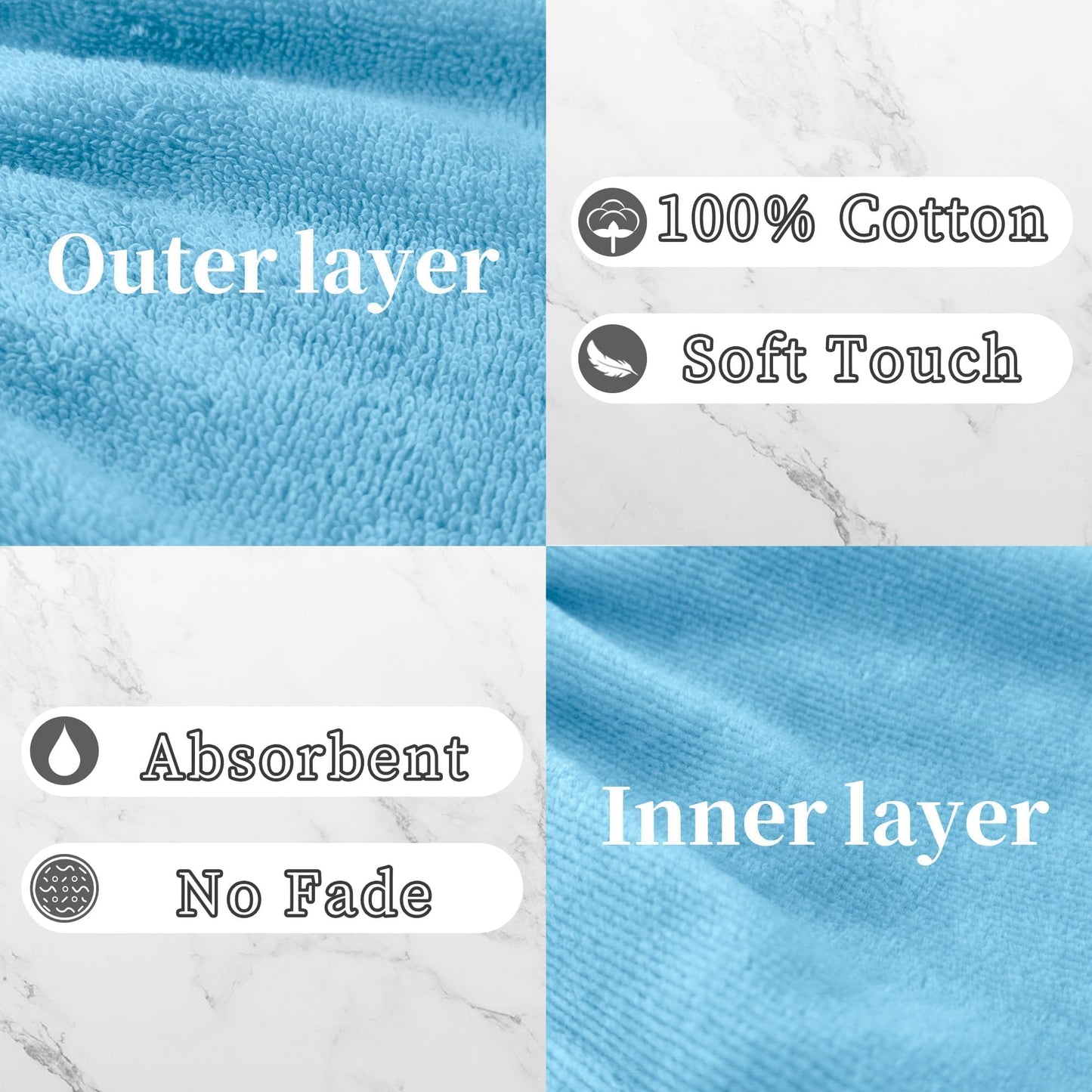 VOOVA & MOVAS Washcloths for Showering 6PC, 8.3x6.3 Inch,100% Cotton Soft Absorbent Bath Mitt with Hanging Loop, European Style Wash Cloths for Body Shower & Bath, Blue