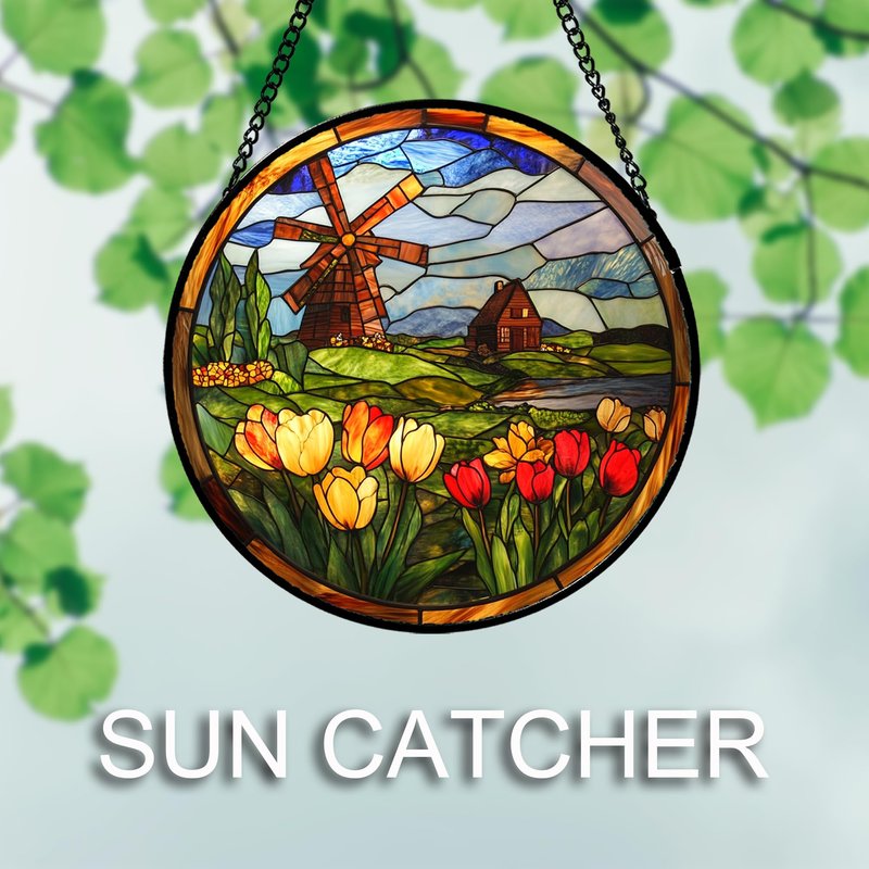 QZQCBLC Stained Glass Window Hanging Tulip Windmill Farm Landscape 6.3" - Flower Suncatcher Door Garden Sun Catcher Decor Birthday Christmas for Mom Woman Nana Friend Wife