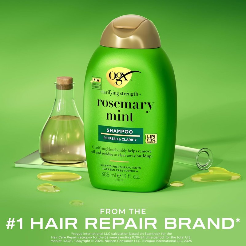 OGX Clarifying Strength + Rosemary Mint Shampoo, Clarifying Shampoo for Oily Hair Visibly Helps Remove Oil & Residue to Clear Away Buildup, Sulfate-Free Surfactants, 13 Fl Oz (Pack of 2)