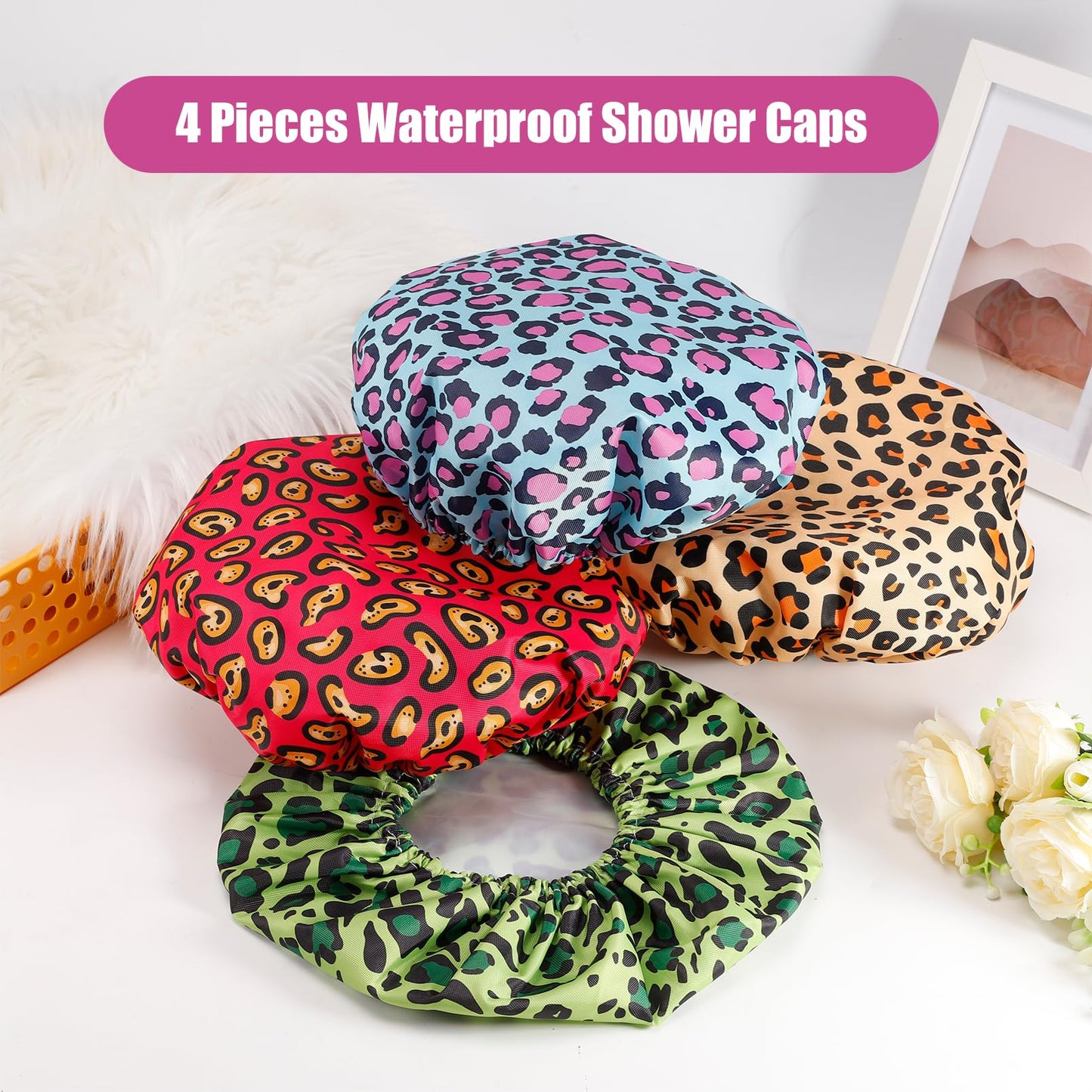 Erinnmy 4 PCS Shower Caps for Women,Reusable Waterproof Shower Cap,Double Layers Bath Caps,Large Shower Cap with EVA Lining,Elastic Bathing Hair Cap for All Hair Lengths(Leopard 1)