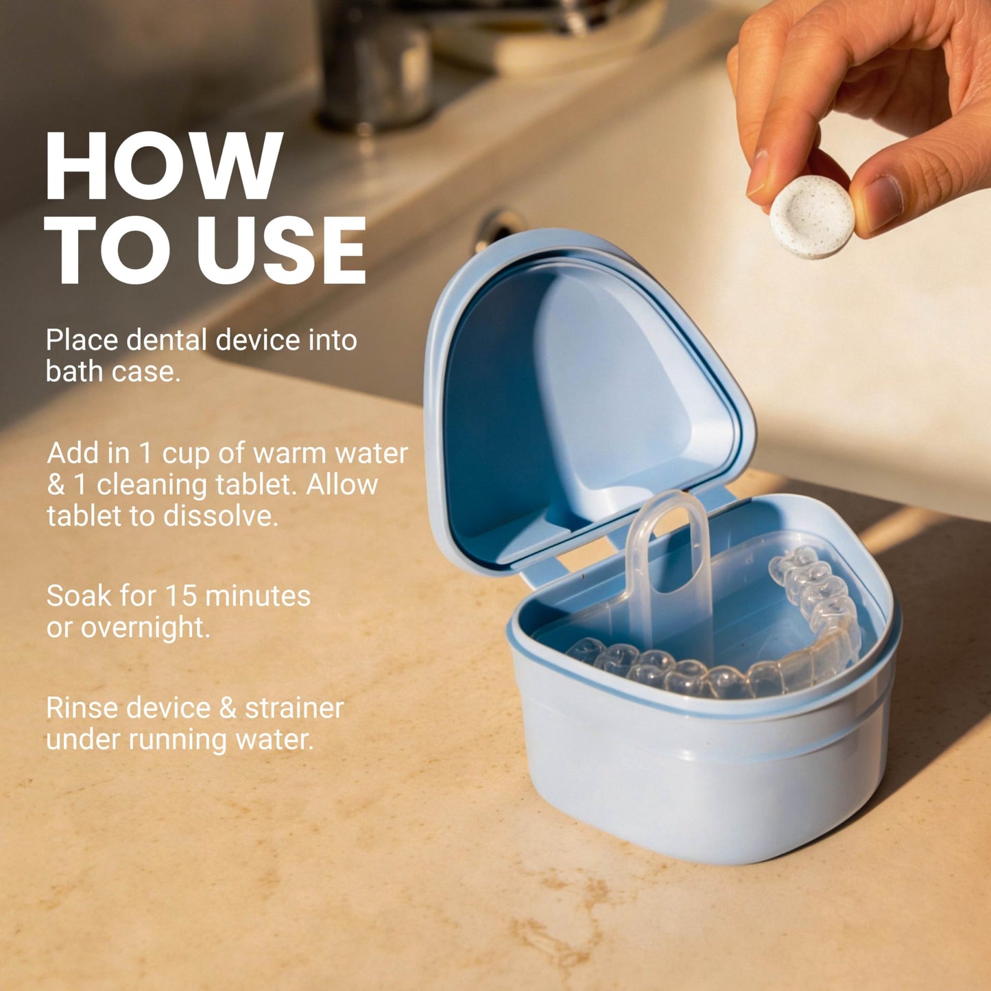 Denture Bath Case and Retainer Case, Denture Bath Cup for Invisalign Retainers Mouthguards Dentures Cleaner Kit with Strainer Spill-Free Portable Retainer Cleaner Case by M3