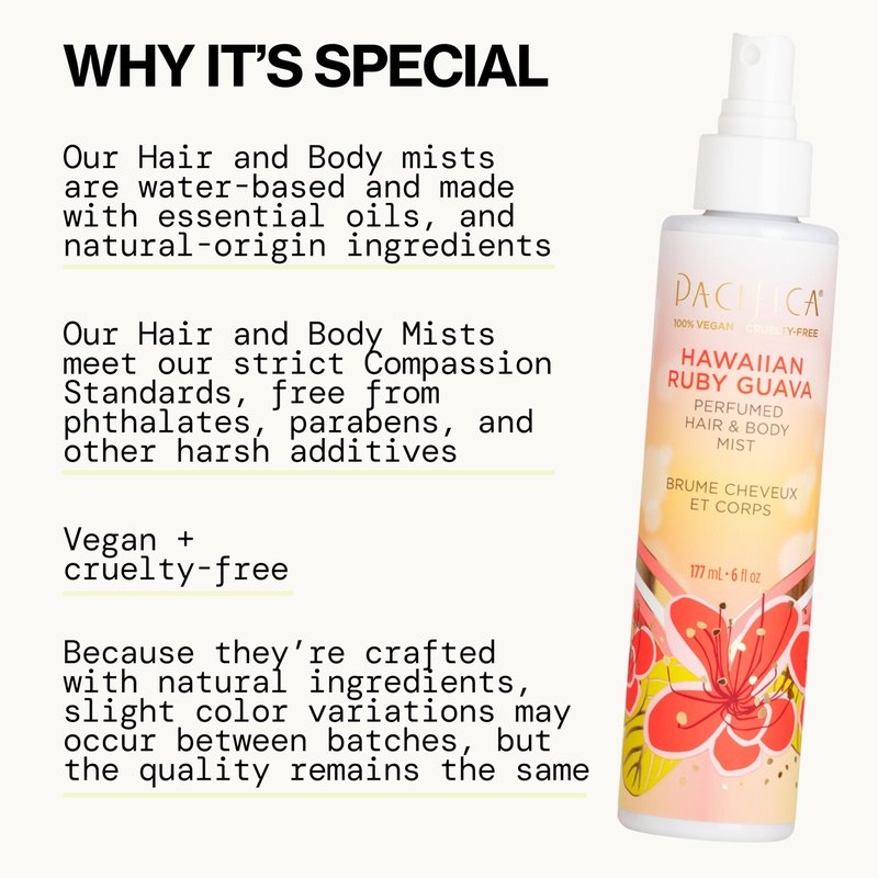 Pacifica Hawaiian Ruby Guava Hair Perfume & Body Fragrance Spray Mist - Body Mist Fragrance w/Grapefruit, Patchouli, Sugar Notes & Geranium Clean Beauty Alcohol-Free, Vegan & Cruelty-Free, 6 oz
