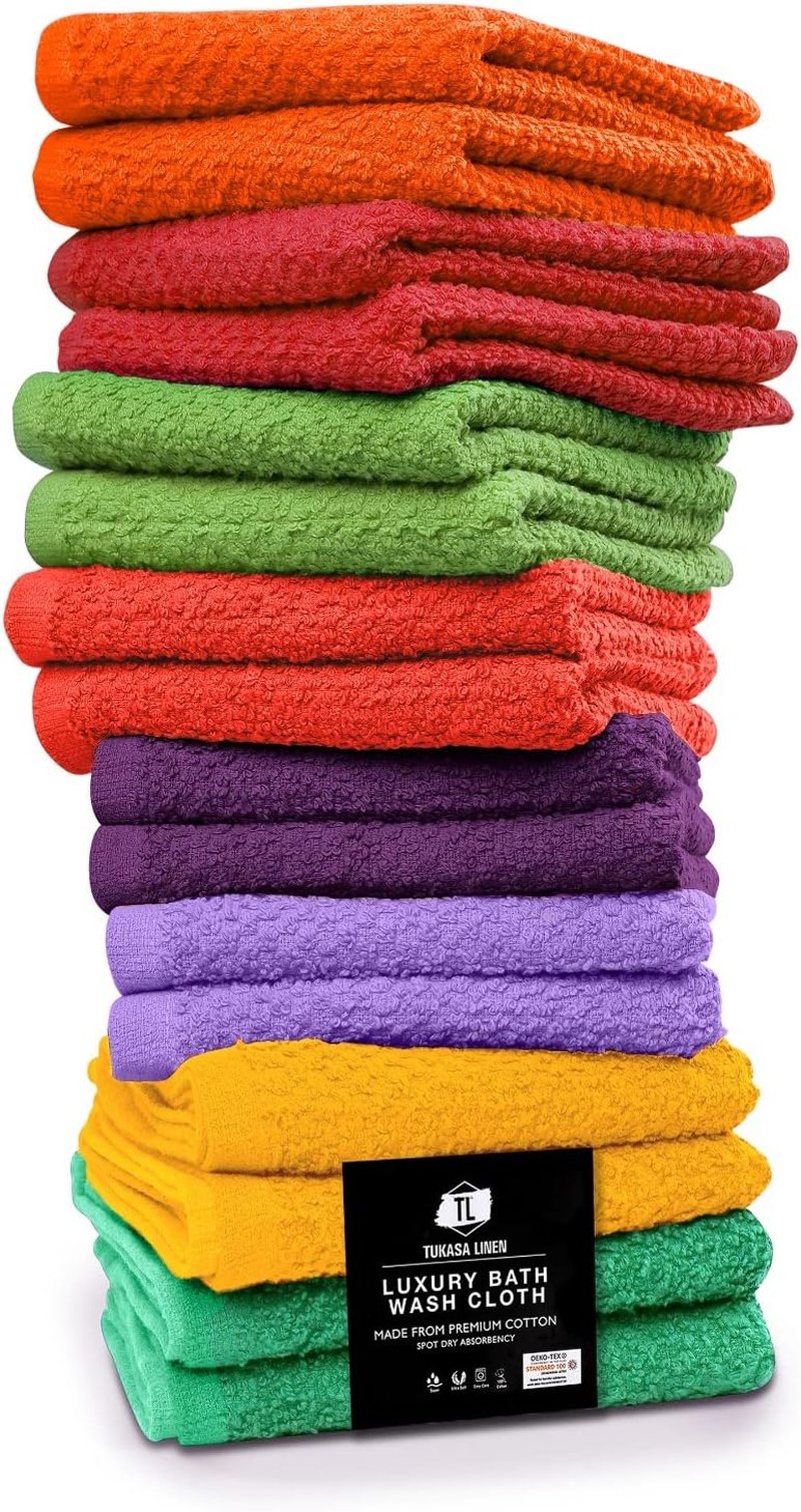 Skiennix Cotton Washcloths - Highly Absorbent 12x12 Inches | 16 Pack Multi-Color Lightweight Face & Body Towels