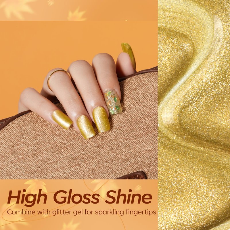 modelones Gel Nail Polish Set, 6 Colors Caramel Brown Orange Green Jelly Gel Polish Tortoise Yellow Gold Glitter Cat Eye Nail Polish with Magnet& Wooden Stick Soak Off LED DIY Gift