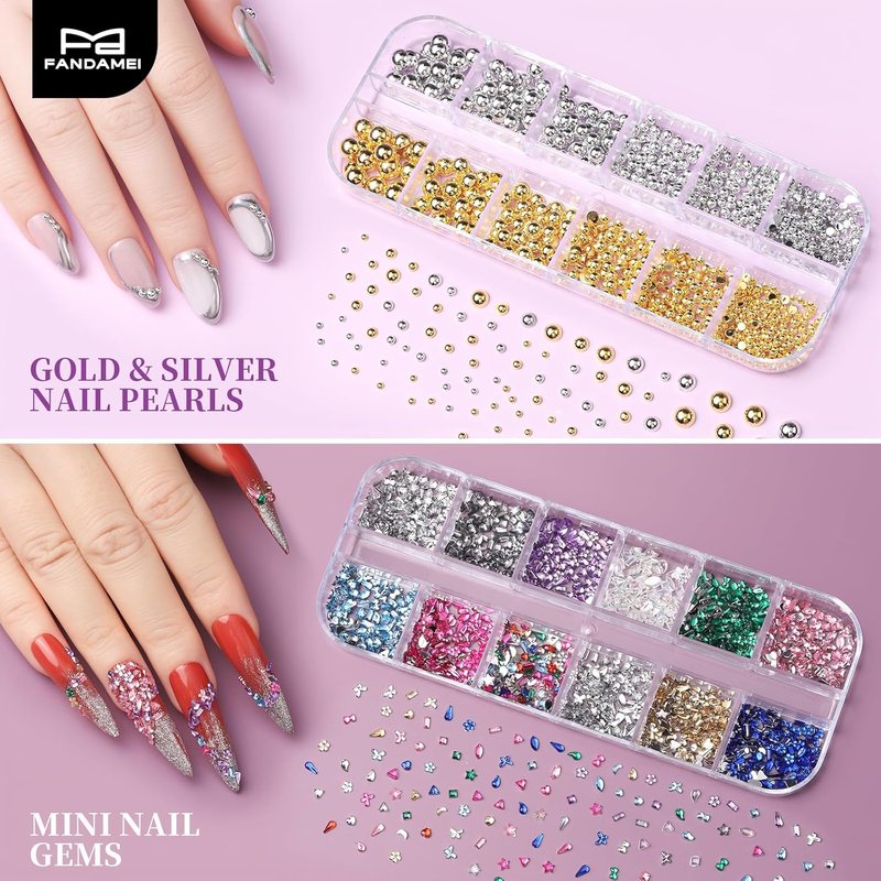 FANDAMEI Nail Art Tools Set - 15 PCS Acrylic Brushes, Dotting Tools & Nail Gems for Creative Designs