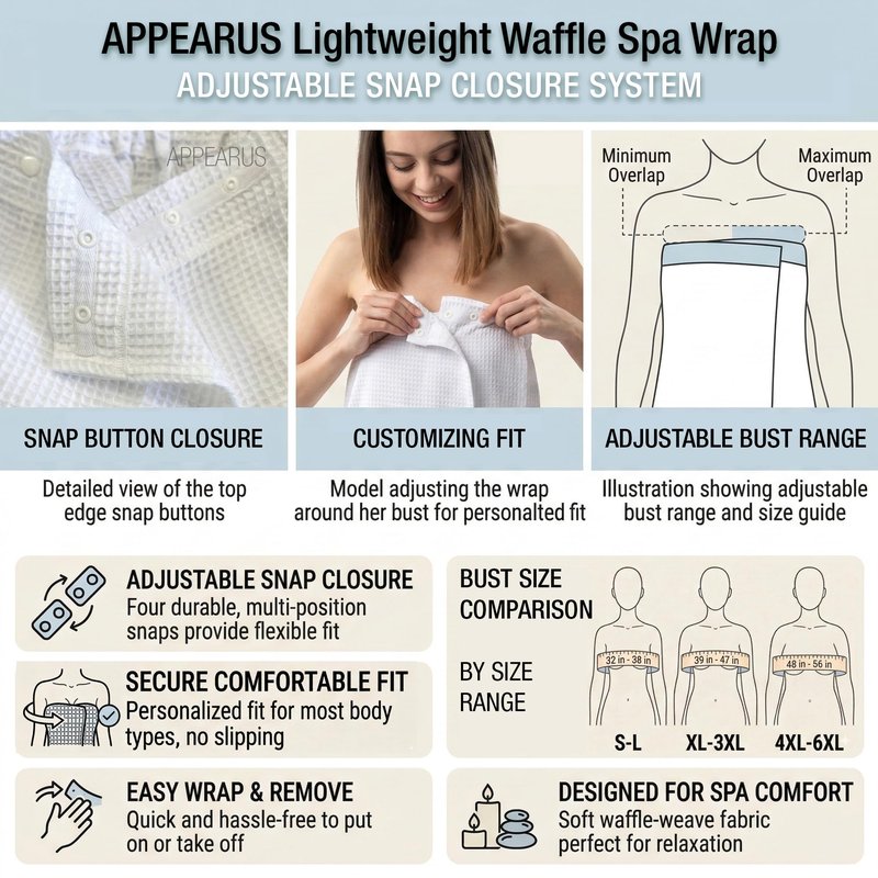 APPEARUS Women's Waffle Spa Bath Wrap with Adjustable Snap Closure - One Size (Fits S-L) Lightweight Quick-Dry Robe
