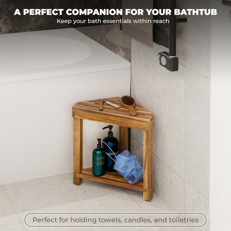 BLUEWEST 16.4" Corner Shower Stool with Storage Shelf, Acacia Wood Shower Foot Rest for Shaving Legs, Small Water-Resistant Bathroom Bench for Inside Shower, Wooden Bath Seat for Small Shower Spaces