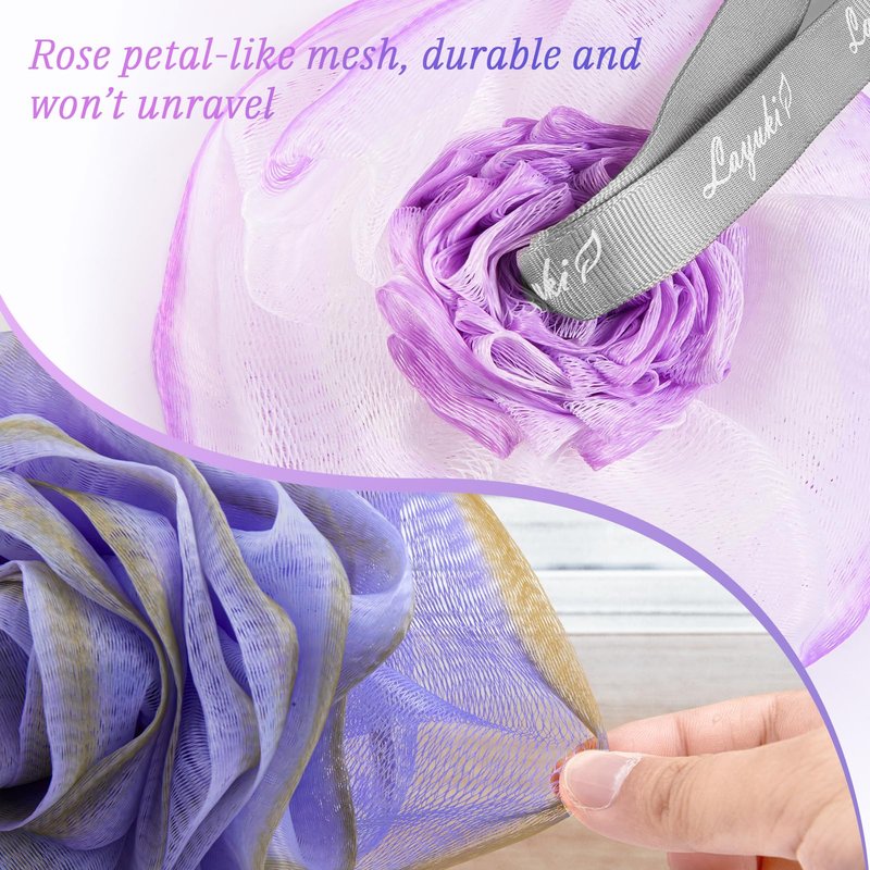 LAYUKI Bath Loofah, Shower Loofah, Body Loofah, Bath Sponge, Shower Sponge, Body Sponge, Bath Scrubber, Shower Scrubber, Body Scrubber, Rose-Shaped, Elegant (Set of 2 Pieces,Purple and Grey)