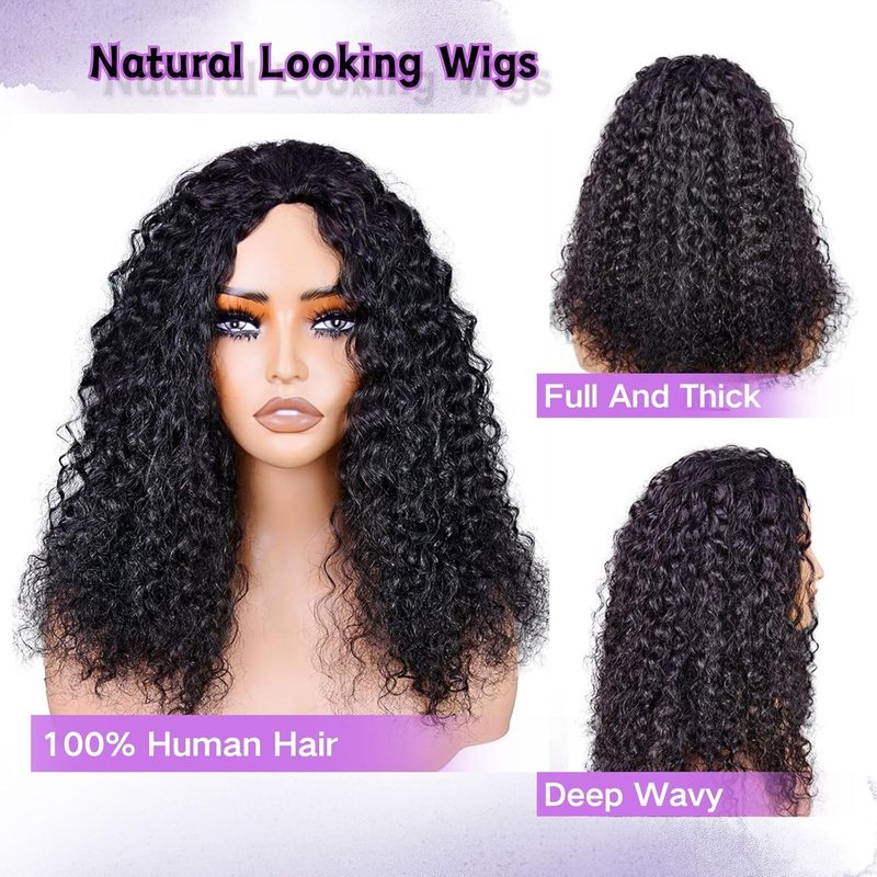Glimeer Half Wig Human Hair Deep Wave 3 In 1 Drawstring Seamless Filp Over Curly Half Wig 200% Density Wear and Go Glueless Half Wigs for Black Women Natural Color 26 Inch