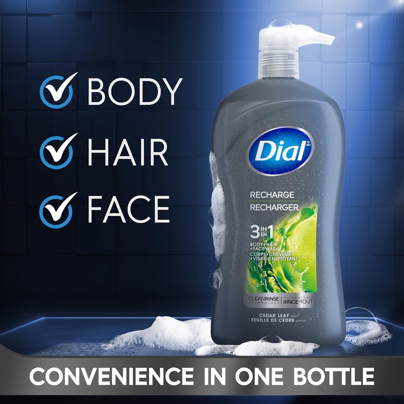 Dial Men 3 in 1 Body, Hair and Face Wash, Recharge, 32 Fl Oz, Cedar Leaf Scent, Cleanses Deep + Gentle on Skin with Clean Rinse Technology