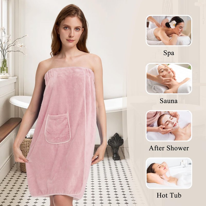 PJGGZ Towel Wrap for Women, Three Adjust Clasps Closure Bath Wraps After Shower Spa Sauna Bathrobe(Available in Plus Size)(Light Pink, S/M