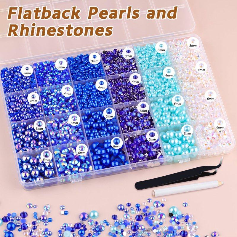 14000PCS Flatback Pearls and Blue Rhinestones for Bedazzling Kit, Dark Blue Mixed Size 3-10mm Resin Rhinestones Gems and Half Pearls for Crafting, Nail Art Crafts Decoration