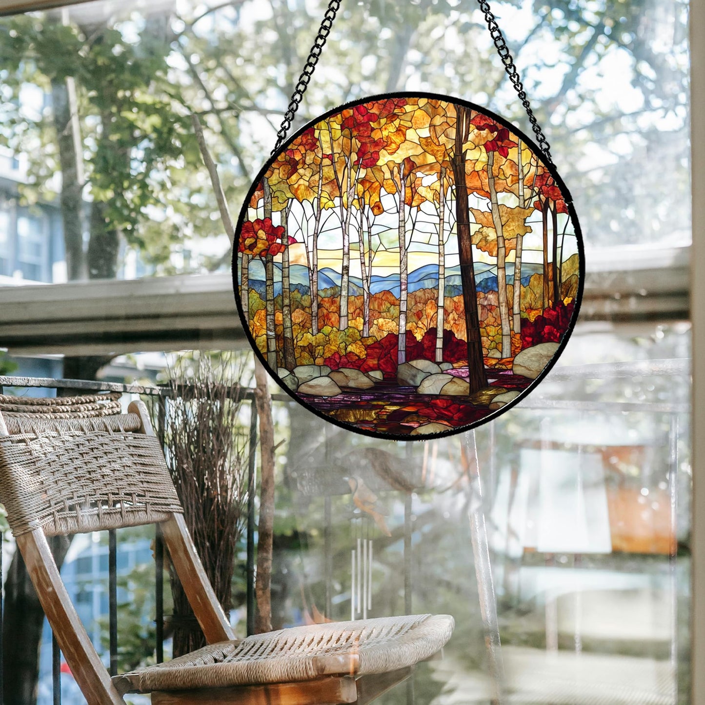 QZQCBLC Stained Glass Window Hanging Fall Birch Tree Forest Scenery 6.3" - Suncatcher Door Garden Sun Catcher Home Decor Birthday Christmas for Mom Men Woman Friend Nana