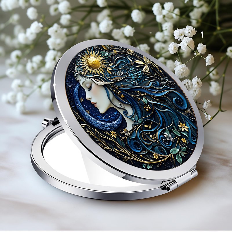 Silver Compact Mirror, 2.8x2.8inch Double-Sided Folding Makeup Mirror with Sun Moon Goddess Design, Ideal Gift for Women