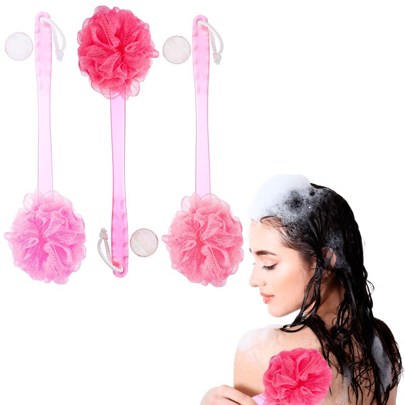 3pc Luxury Round Loofah Set – Long Handle Shower Scrubber with Hanging Loop | Exfoliating Body Scrubber Value Pack | Deep Cleansing Bath Loofah for Smooth Skin – Women & Men