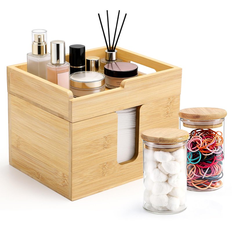 InnJoey Bamboo Disposable Face Towel Holder with 2 Glass Jars - Open-Top Skincare Organizer for Facial Cleansing Wipes & Beauty Essentials - Bathroom Countertop Vanity Organizer