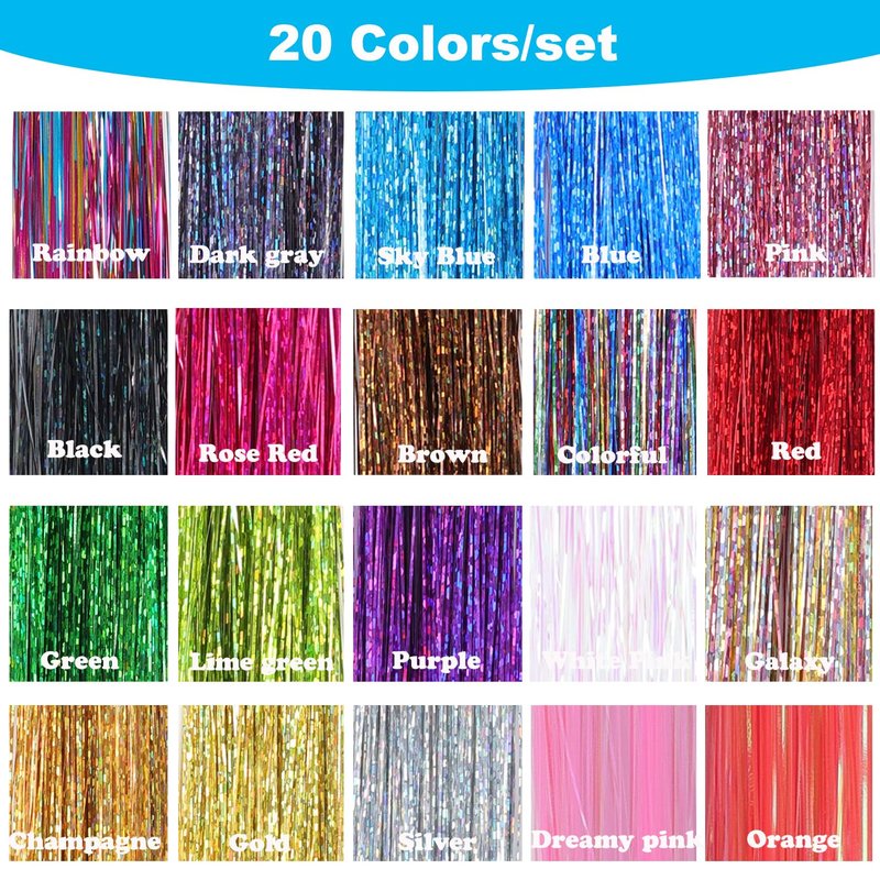 Hair Tinsel Kit - 8000 Strands of 48-Inch Glitter Extensions | 20 Vibrant Colors, Heat Resistant Fairy Hair Accessories