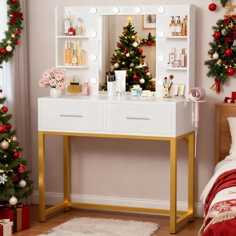Acurax Vanity Desk with Mirror and Lights, Makeup Vanity Table with 6 Storage Shelves & 2 Drawers, 3 Color Modes, Charging Station, White & Golden