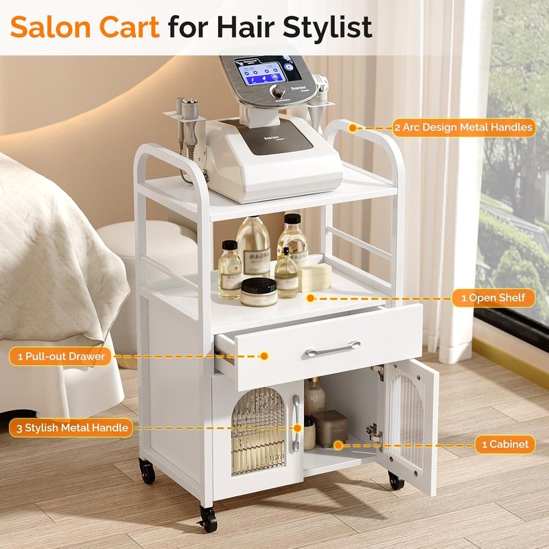 OmySalon Salon Trolley Cart - Esthetician Mobile Storage Station with Drawer & Tray | White