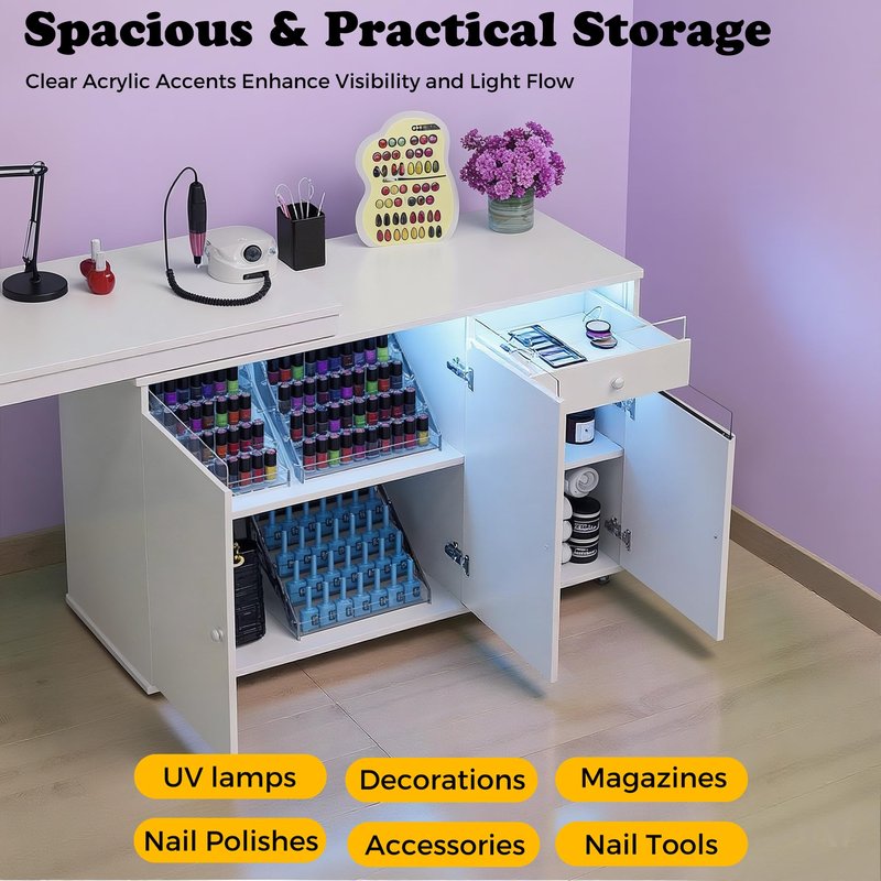 HolaiNail L-Shaped Manicure Table with Storage Cabinet, Drawer & Shelf, Rotating & Convertible Nail Tech Desk, Modern Nail Salon Table with LED Light, White