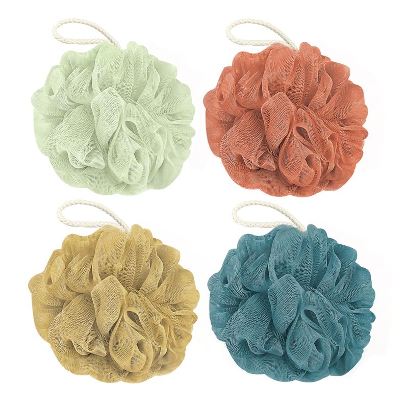 Rnoafmu Shower Loofah Bath Sponge, 60G Loofah Exfoliating Body Scrubber, 4 Color Mesh Shower Pouf Balls for Body Wash (Yellow Red Green Blue)