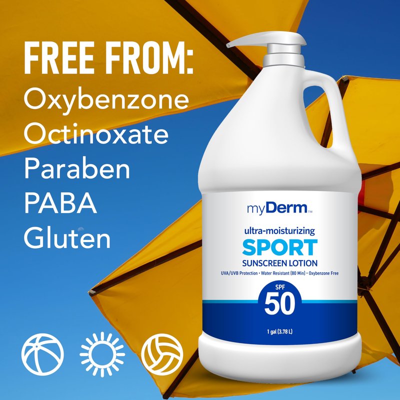 MyDerm Ultra-moisturizing SPF 50 Sport Sunscreen Lotion, Free from Octisalate, Oxybenzone, Octinoxate and Parabens, Hawaii 104 Reef Act Compliant, 128 oz (1 Gallon), Broad Spectrum UVA/UVB Protection